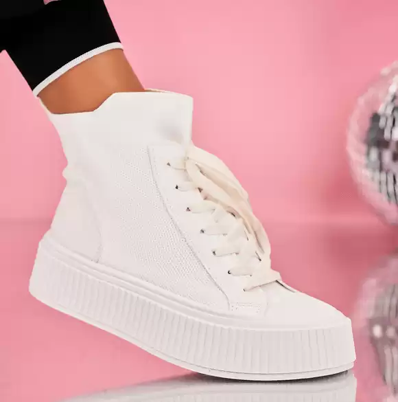 Sneakersi albi cu platforma inalta din material textil