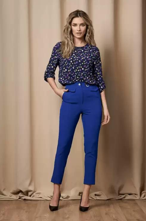  Pantaloni office albastri cu aplicatie metalica stil catarama