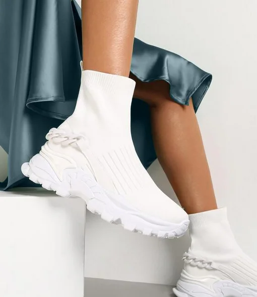 Sneakersi albi de dama inalti din material textil