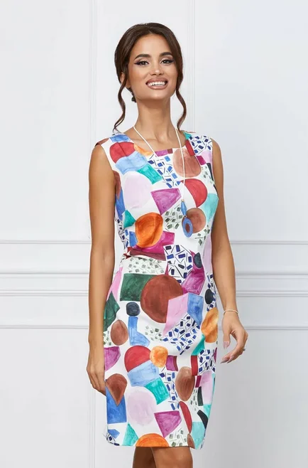  Rochie alba de vara cu imprimeu geometric multicolor petnru femei grasute